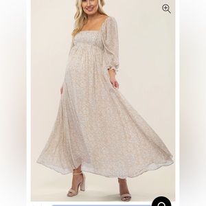 PinkBlush Beige Chiffon Printed Square Neck Empire Maternity Maxi Dress